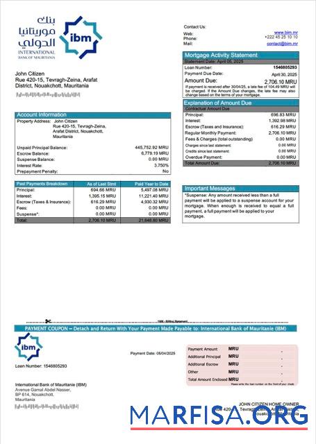 Blank Mauritania International Bank of Mauritanie (IBM) mortgage statement Word and PDF template
